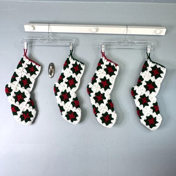 Set of 4 Granny Square Christmas Star Handmade Stockings Green Red Holiday Decor - Picture 2 of 12